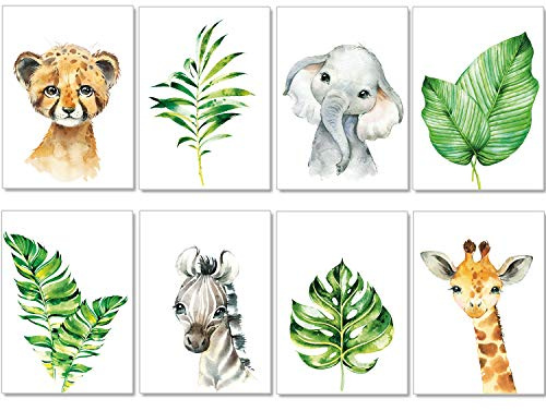 artpin® Uppsättning med 8 bilder, barnrum, mintdekoration, pojke, flicka – A4-affisch, babyrum, safari, djungelväggbilder afrika djur – porträtt, elefant, tiger, giraff, zebra (P37)