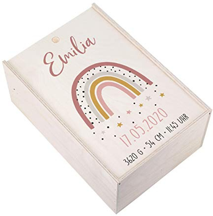 Striefchen® Holzbox zur Erinnerung an das erste Babyjahr oder als Geschenk zur Geburt - mit Namen des Kindes und Geburtsdaten bedruckt Regenbogen Rosa