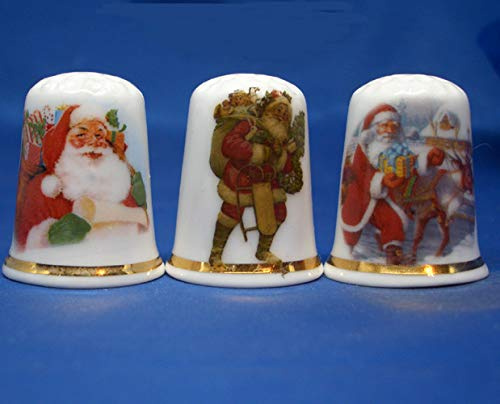 Birchcroft Porcelain China Collectible - Set of Three Thimbles - Traditional Christmas Santa Claus