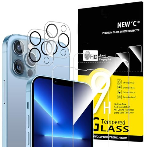 NEW'C Set med 4, 2 x Skärmskydd för iPhone 13 Pro Max och 2 x kameralinsskydd i härdat glas - Fri från luftbubblor - Ultrabeständigt - 9H hårdhetsglas