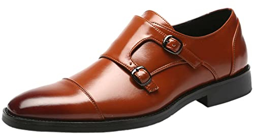 ANUFER Caballero Elegante Puntera Doble Hebilla Zapatos de Monje Imitación Cuero Formal Zapatos de Vestir Marrón SN070533 EU44
