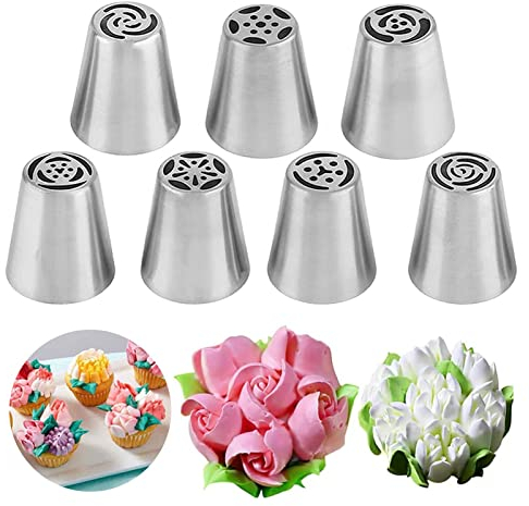 Russian Piping Nozzles Set,Stainless Steel 7Pcs Flower Frosting Nozzles Rose Tulip Icing Russian Piping Tips Cake Decorating Baking Supplies for DIY Baking Tools Kit