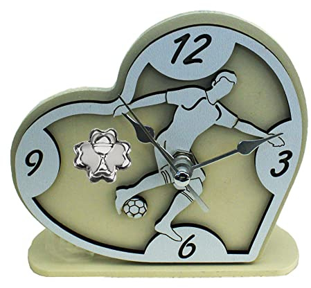 DLM34420 (Kit 6 Pezzi) Orologio Cuore con Calciatore Giocatore Calcio Football in Rilievo Legno Quadrifoglio Calice della Prima Comunione da Scrivania bomboniera