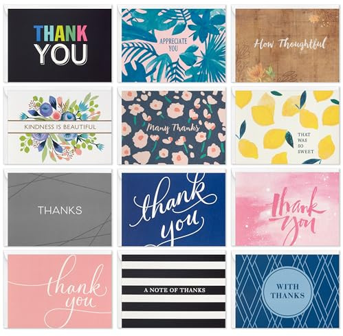 Hallmark Bulk Thank You - Assortimento di biglietti di ringraziamento (48 biglietti vuoti con buste) rosa, nero, oro, floreale