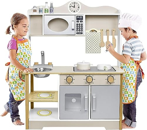 ACXIN Holz Küchenset für Kinder, Küche Küchenspielzeug Set mit Kinderküche zubehör, Küchen-Zubehör aus Edelstahl und Holz, Mini-Küche für kleine Jungen und Mädchen (68x26x78cm)