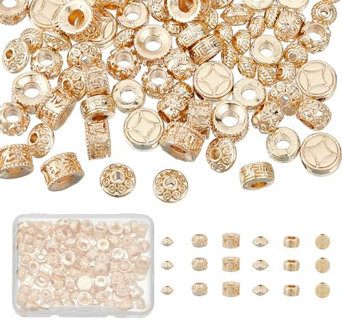 NICENEEDED 120 Pieza de Cuentas Espaciadoras Tibetanas Doradas, Cuentas Sueltas Chapadas En Oro de 14k, Cubo Columna Barril Flor Espaciadores Cuentas Encantos de Metal
