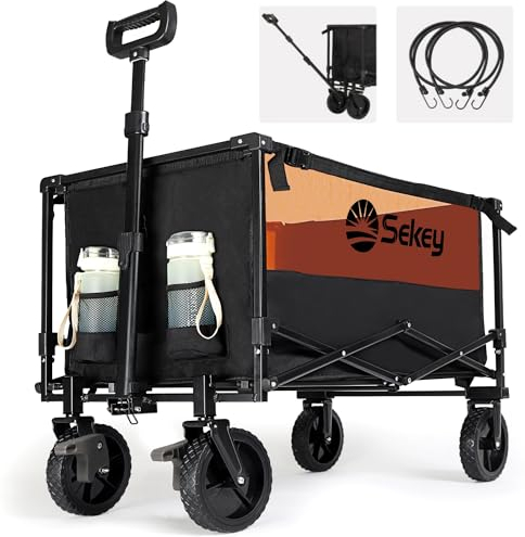 Sekey XXL Chariot Pliable 160 L 150 kg, Chariot de Jardin, adapté aux terrains accidentés, Chariots de Transport pour Plage, Camping achats, modèle SE3011, Noir avec Orange