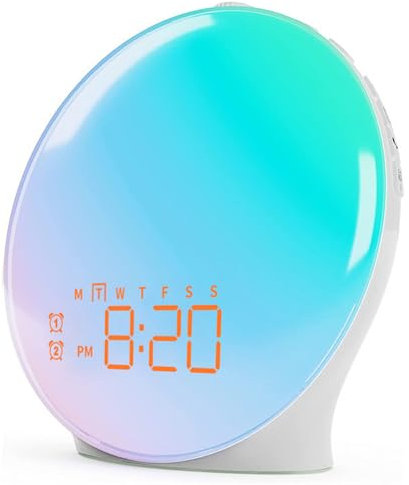 GZLMMY Wake Up Light Sonnenaufgangswecker, Schlafzimmer, Vollbild mit Sonnenaufgangssimulation, Dual-Alarm, FM-Radio, 15 Nachtlichter, 8 Sounds, Schlaf-Timer