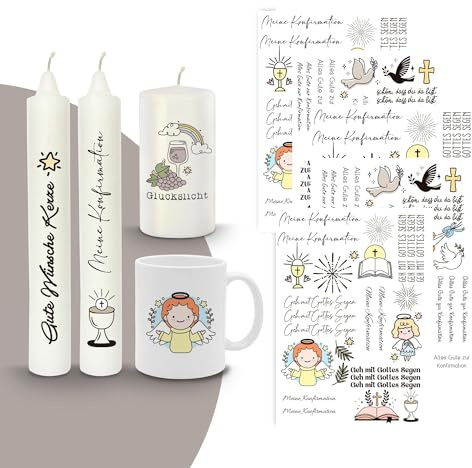 MilaBoo® Kerzentattoos 6x A5 I DIY Aufkleber für besondere Anlässe einfache Anwendung I Wasserschiebefolie für Kerzen I Premium Kerzenaufkleber (Konfirmation-A5)