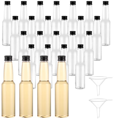 APACALI 20 botellas pequeñas para rellenar, 150 ml, mini botellas de licor con tapas de rosca y 2 embudos, botellas de licor para rellenar líquidos de plástico para bodas, fiestas