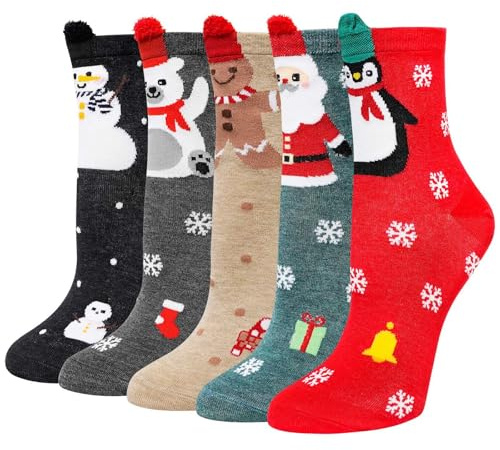 LOFIR Calze Natalizie da Donna Fantasia: Calzini del Pupazzo di Neve Divertenti Calzini da donna con Motivo Animali in Cotone taglia 35-41 5 paia