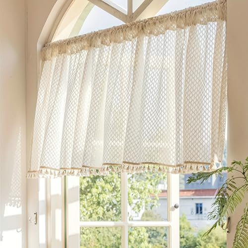 Whoiy Küchenvorhänge Durchsichtig 1 Stück Modern 46 cm Höhe, Scheibengardine Küche Spitze Beige Einfarbig Bistrogardinen mit Quaste Wohnzimmer Landhaus 46x140cm