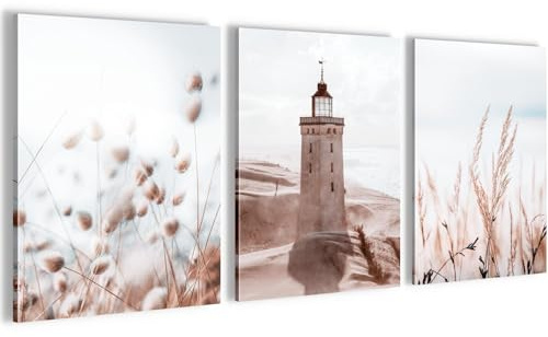 Novart Wandbilder Set Boho Meer Strand - KOMPLETT AUFHÄNGFERTIG - Wohnzimmer Schlafzimmer Flur Deko - 3 Moderne Bilder Beige - N034935a
