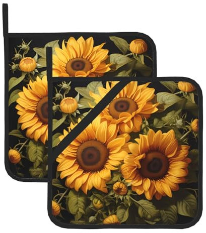 Set di presine con girasole gialli, resistenti al calore, per forno e grill, essenziali per la cucina con design quadrato