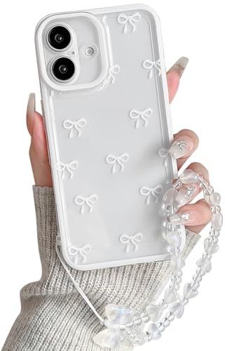 NITITOP for iPhone 16 Case Cute Clear Bow Chain,White | for Women Girls, Aesthetic Bowknot Ribbon Design, with Wrist Strap, Soft TPU Shockproof Cover, Full Camera Protection