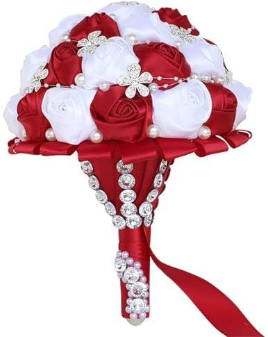Wjnvfioo Bouquet da sposa di lusso per damigella d'onore con strass e nastro di perle rosa fatto a mano bouquet forniture per matrimoni rosso vino bianco diametro 30 cm