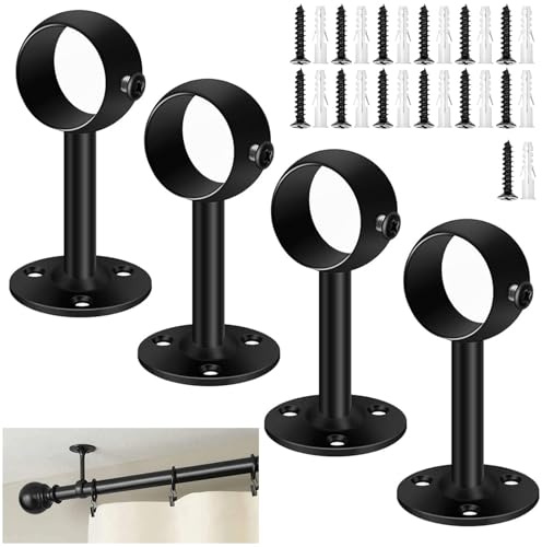 Ceiling Curtain Pole Brackets, 4 Stücke Kleiderstange Halterung, Deckenhalterung Gardinenstange, Edelstahl Gardinenstange Halterung mit Schrauben, Schwarze Gardinenstangenhalterung