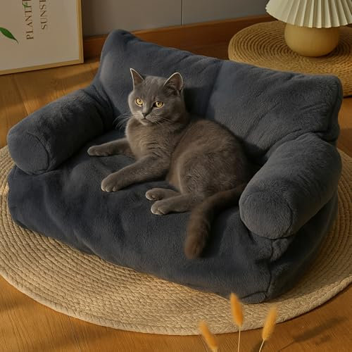 Roxlin Katzenbett kleines Hundesofa Flauschig und waschbar Katzensofa Hundebett für Katzen, weich Katzenbett katzencouch mit Rutschfester Unterseite (Grau, L)