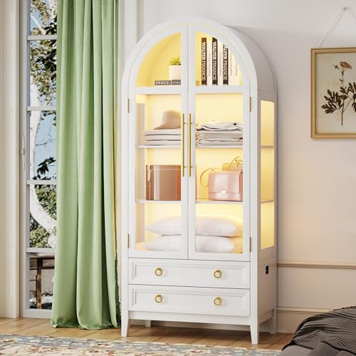 LVSOMT Gewölbte Glasvitrine mit LED Beleuchtung, 180cm Vitrinenschrank mit Glastüren, Bogen Vitrine mit 4 Display Regale und 2 Schubladen, 3 Farbe Licht, Vitrine Glas Holz Wohnzimmer Flur, Weiß