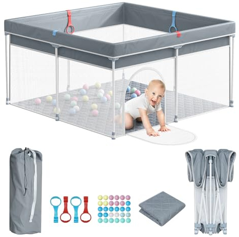 Yvsevnr Parque Infantil Bebe 127 x 127cm Parque de Juegos Bebes con Malla Transpirable, Corralito Bebe Plegable con Alfombra Suelo, 30 Bolas, 4 Agarraderas, Bolsa Portátil