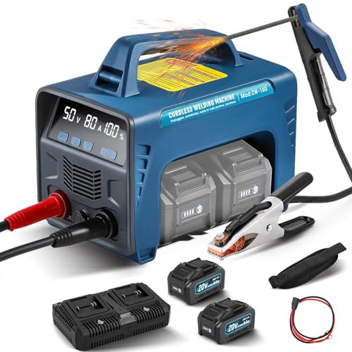 Soldador al Arco Soldadora portátil inalámbrica MMA ARC de 160 A, alimentada por batería (2 baterías), pantalla LED, inversor digital IGBT, electrodo de arranque en caliente/núcleo fundente.