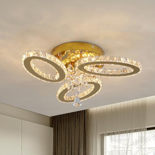 VETRULUS Lámpara de Techo LED Moderna de Cristal con 3 Óvalos Dorados, Montaje al Ras con Iluminación de Tres Colores para Dormitorio, Cocina, Comedor, Pasillo y Recibidor