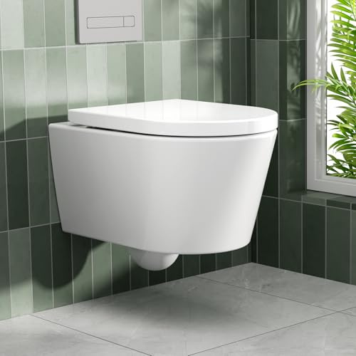 Rainsworth Hänge WC Spülrandlos Toilette - Starker Spülung, Kloschüssel inklusive WC-Sitz Absenkautomatik, Kompakt Design Toilette 48,5 cm lang, Einfach zu einigen & Putzfreundlich, Moderne Design