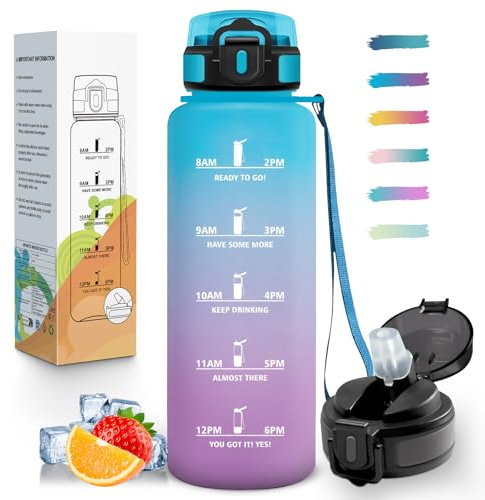 Mulbijeo Gourde Paille, Étanche, Gourde 1l5, Échelle de Temps et Slogans de Motivation, Bouteille Sport avec Paille, Portable, Bouteille d'eau pour Randonnée, Camping, Fitness, Cyclisme