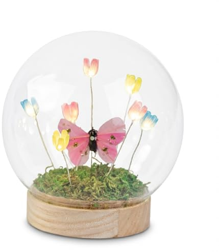 formano LED Deko Kugel Blumen Schmetterling Glaskugel mit Holzsockel & Timer 13cm - batteriebetriebene Frühlingsdeko für Tisch, Fensterbank & Geschenk