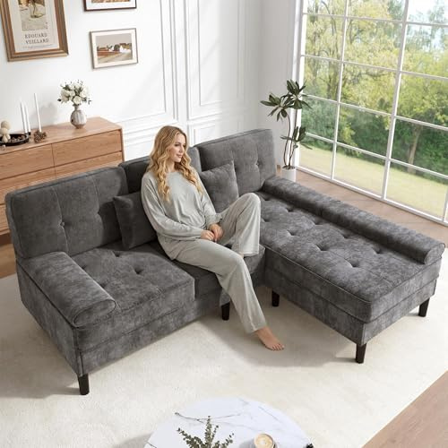 ZIDEY Ecksofa L-förmiges mit Schlaffunktion, 3 Sitzer Sofa mit Fußbank, Modulares Sofa, Chenille Sofa für Wohnzimmer und Wohnungen,Grau