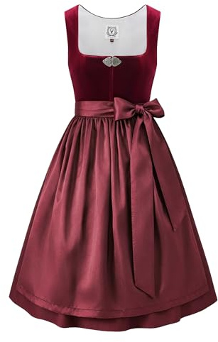 DIRNDLSTERN Damen Rot Trachtenkleid - Midi Oktoberfest Outfit Samt Dirndlkleid mit 60 cm Dirndlschürzen