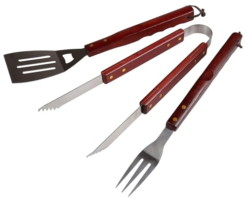 Set di accessori per barbecue con manico, paletta, pinze, forchetta - set in acciaio inossidabile (In legno)