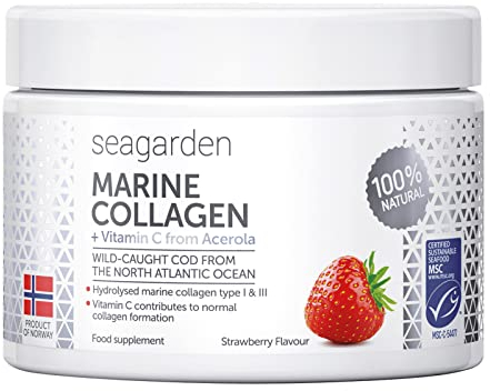 Seagarden Hydrolysed Marine Collagen Powder + Vitamin C (150g/30 serv.), Type I & III, MSC–Certified Wild-Caught Arctic Cod, Supplements for Women & Men, Skin, Hair, Nails, Soluble Strawberry Taste