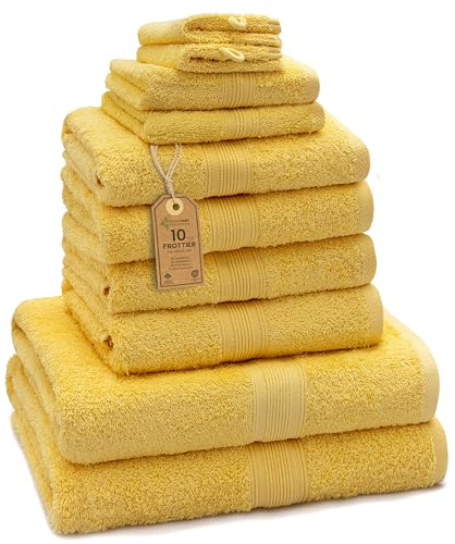 Green Mark Handtuch-Set mit 10 Teilen – 100% Baumwolle – 4 Handtücher 50×100 cm, 2 große Duschtücher 70×140 cm, 2 Gästetücher 30×50 cm und 2 Waschhandschuhe – Gelb