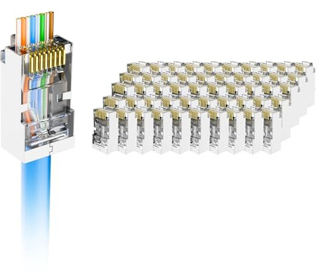 VCE Shielded RJ45 Connectors, Pass Through Cat6 Ethernet Plugs | 8P8C Gold Plated RJ45 Plug | Suitable for Solid or Stranded STP/FTP Network Cable, 50 Pack