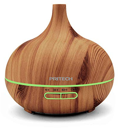 PRITECH - 400ml Humidificador Ultrasónico Aromaterapia, Difusor de Aceites Esenciales de Vapor Frío, 7 Colores LED, con diseño de Grano de Madera, Apagado automático y Ultrasilencioso