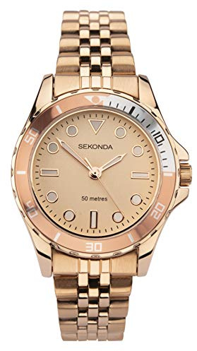 Sekonda Balearic Womens Watch – 33mm Ladies Watch with Peach Dial, Rose Gold-Tone Case and Bracelet, Rotating Bezel – 50m Water Resistant – 2 Year Warranty