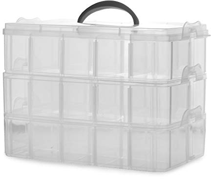 Pukkr 3 Tier Stackable Craft Storage Box – 30 Adjustable Compartments, Clear Plastic Organiser with Carry Handle – Ideal for Beads, DIY, Tools & Art Supplies