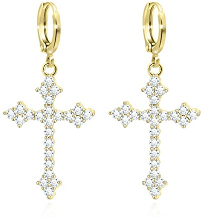 KristLand Silberfarbene Ohrringe mit Cubic Zirkonia Elegant Sexy Kreuz Gothic Stil mit 18 Karat Weißgold Vergoldet Für Damen Zirkon Goldene Ton