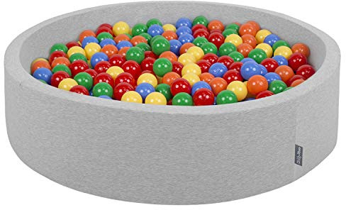 KiddyMoon Mjuk bollgrop rund 120 x 30 cm/300 bollar 7 cm/2,75 tum för barn, skumboll pool baby lekbollar barn, tillverkad i EU, ljusgrå: gul-grön-blå-röd-orange