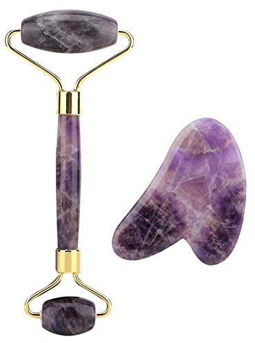 Rodillo De Piedra De Jade De Amatista Natural, Rodillo Para El Rostro Herramienta Guasha Para El Rostro Rodillo Facial Antienvejecimiento De Doble Cabeza Para El Cuidado De La Piel, Ojos, Cuello