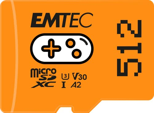 EMTEC - Carte Mémoire microSD 512GB - Augmentez la Mémoire de Vos Consoles, Smartphones et Tablettes - Plus de Stockage de Jeux et Vidéos - ECMSDM512GXCU3G - Collection Gaming - Orange