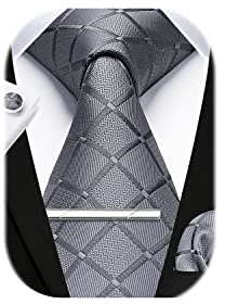 HISDERN Herren Hochzeit Krawatten und Einstecktuch Krawatte Plaid Manschettenknöpfe-Krawattenklammer-Set