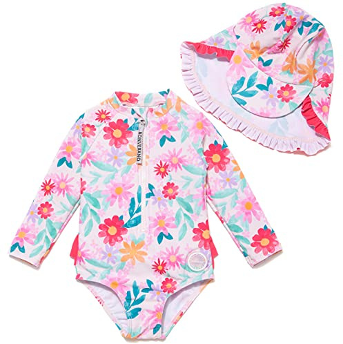 Mazuliso Bebé Niñas Traje de Baño una Pieza Manga Larga UPF50+ Bañadores con Cremallera y Sombrero(3VLBlumen,68-74 CM)