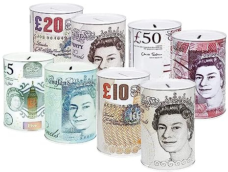 2 UR DOOR Sterling Money Box Tin - Pack of 4 Assorted Colours - Piggy Bank, Coin Tin, Cash Tin - Tinplate Savings Tin to Save Birthday Money, Holiday and Christmas Fund - (15x10x10cm)