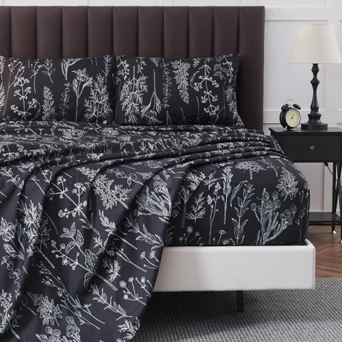 HYPREST Grey Black Sheets King,Deep Pocket Sheets, 1800 Thread Count Pattrn Bed Sheets Soft Breathable Cute Printed Boho Farmhouse Bed Sheets, Oeko-Tex Certificated- Up to 18 Inch