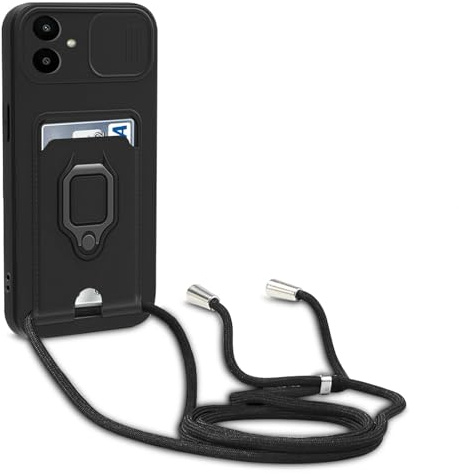 yanasuo Camera Protection Lanyard Phone Case for Samsung Galaxy A05, Card Holder, Slide Camera Cover, Silicone Cord Strap rope Shell TPU Shockproof Bumper Cover-Black