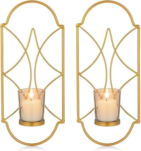 Metall-Wandleuchter Kerzenhalter Dekoration (2er Set), Wandkerzenhalter mit Glas, Wandleuchterhalter, Wohnzimmer Kamin Hofweg Haus Wandkunst, Gold