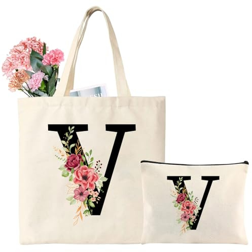 Letra Bolsa de Lona Personalizadas, Tote Bag con Inicial y Flores, BolsoTela de Compras, Bolso de Mano Iniciale Bolsa de Maquillaje, Regalo para Damas, Mamá, Amiga, Cumpleaños, Aniversario (V)