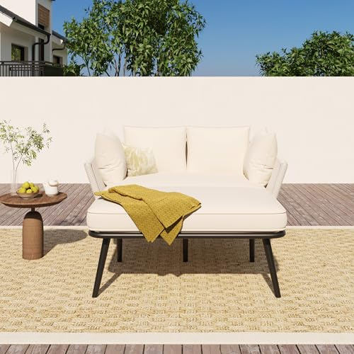 Zravenna Gartenlounge Outdoor Sonnenliege 2 Personen, Gartensofa mit 2 Kissen und 2 Polster, Sonneninsel Wetterfest, Terassenmöbel Balkon Lounge Möbel (Beige)